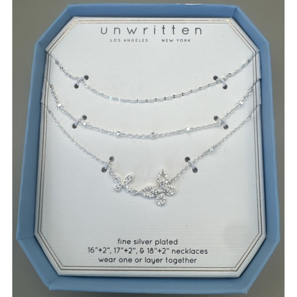 NIB Unwritten Fine Silver Plated 3 Necklaces Butterfly & Clear Rhinestone